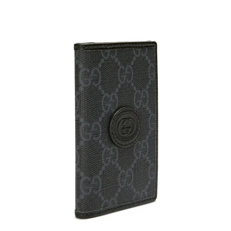 商品Gucci|【预售3-7天】GUCCI/古驰  男士黑色/灰色帆布配皮老花暗纹黑色皮革滚边黑色皮扣折叠钱包69926792TCN1000,价格¥2355,第4张图片详细描述