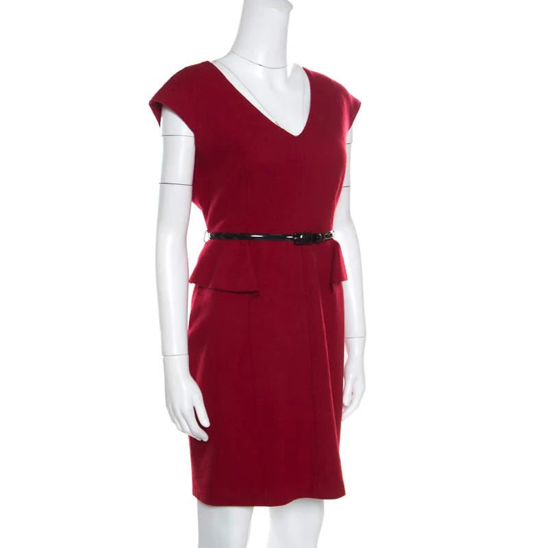 商品[二手商品] CH Carolina Herrera|CH Carolina Herrera Red Wool Half Peplum V-Neck Dress L,价格¥2671,第2张图片详细描述