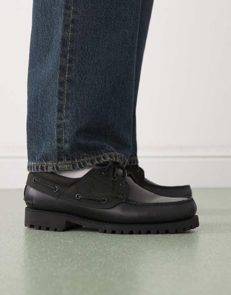 Shop Timberland Authentic 3 eye boat shoe in black leather on Sale