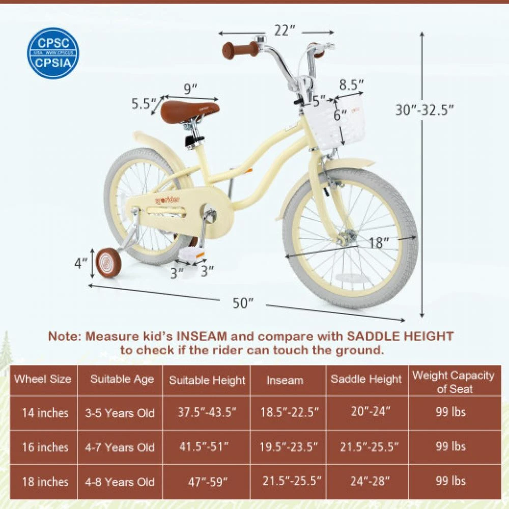 商品Hivvago|14/16/18 Inch Kids Bike Adjustable with Training Wheels Ages 3-8 Years Olds-18 inches,价格¥1724,第5张图片详细描述