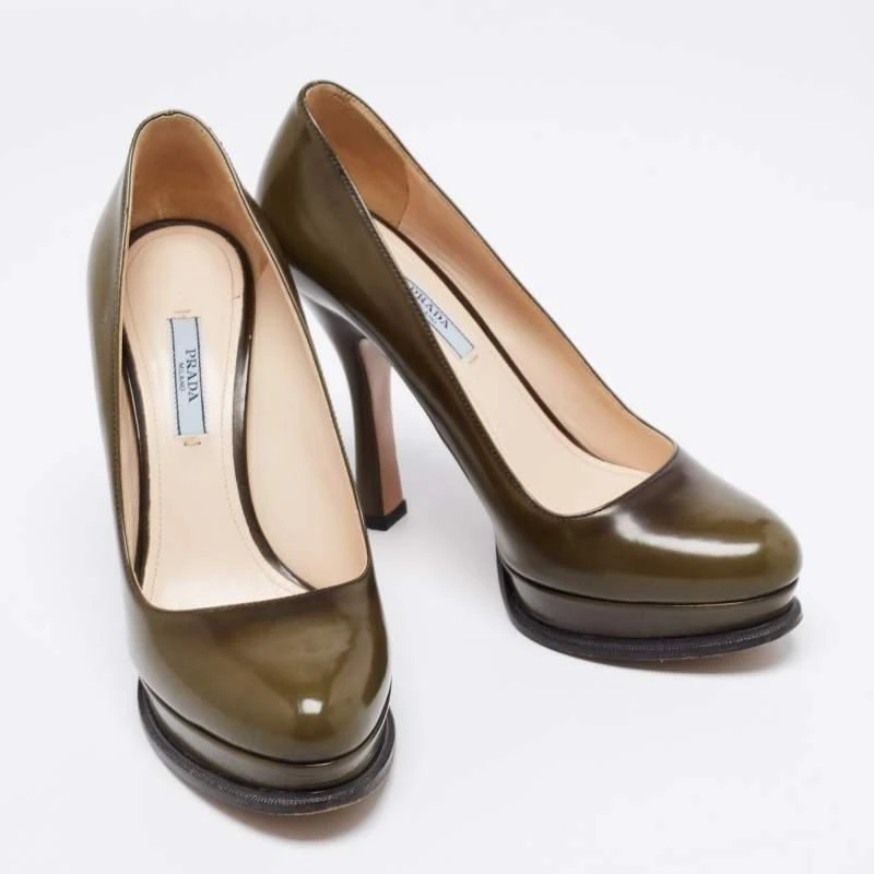 商品[二手商品] Prada|Prada Olive Green Leather Platform Pumps Size 39,价格¥1197,第4张图片详细描述