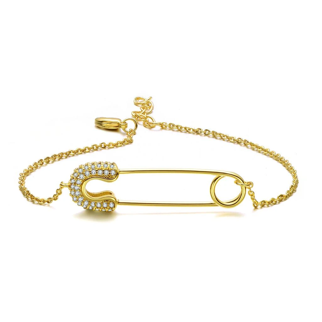 商品Genevive|Ga Sterling Silver 14k Gold Plated Clear Cubic Zirconia Pin Adjustable Bracelet,价格¥415,第1张图片