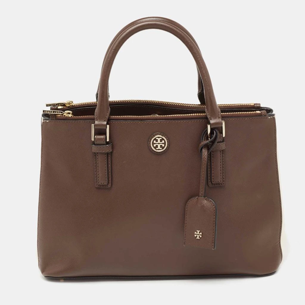 商品[二手商品] Tory Burch|Tory Burch Dark Brown/White Saffiano Leather Robinson Double Zip Tote,价格¥1023,第1张图片