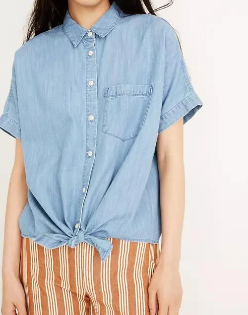 商品Madewell|Denim Short-Sleeve Tie-Front Shirt,价格¥317,第4张图片详细描述