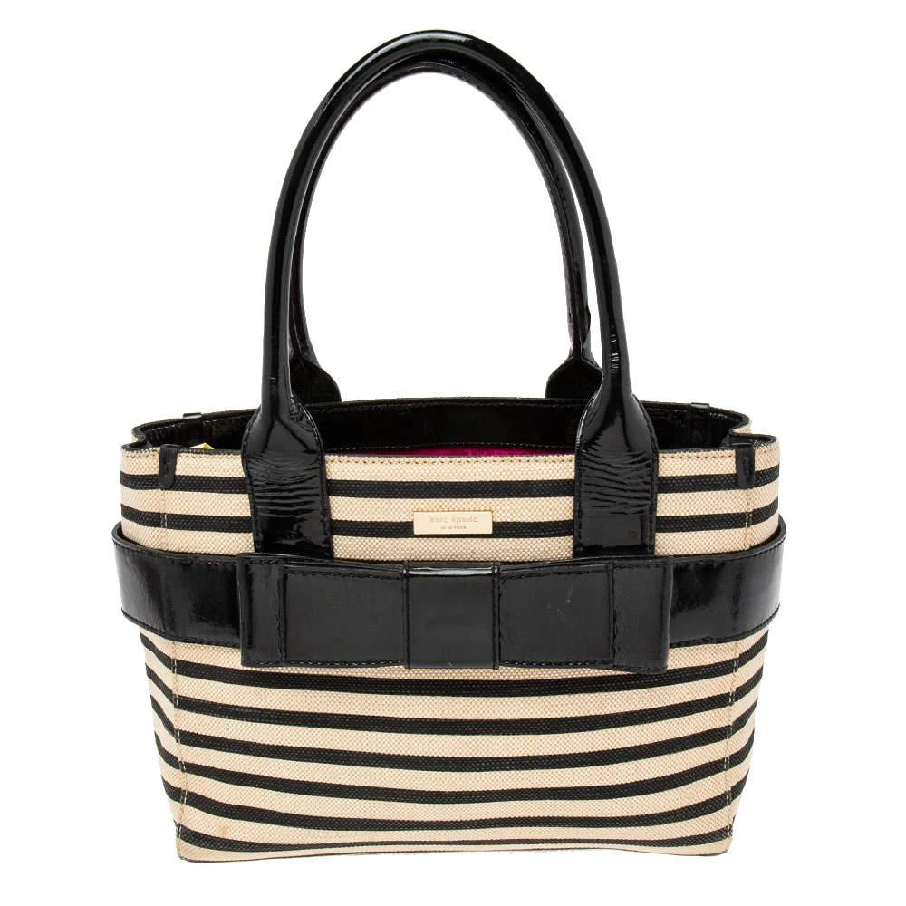 商品[二手商品] Kate Spade|Kate Spade Black/Beige Striped Canvas and Patent Leather Bow Tote,价格¥874,第1张图片