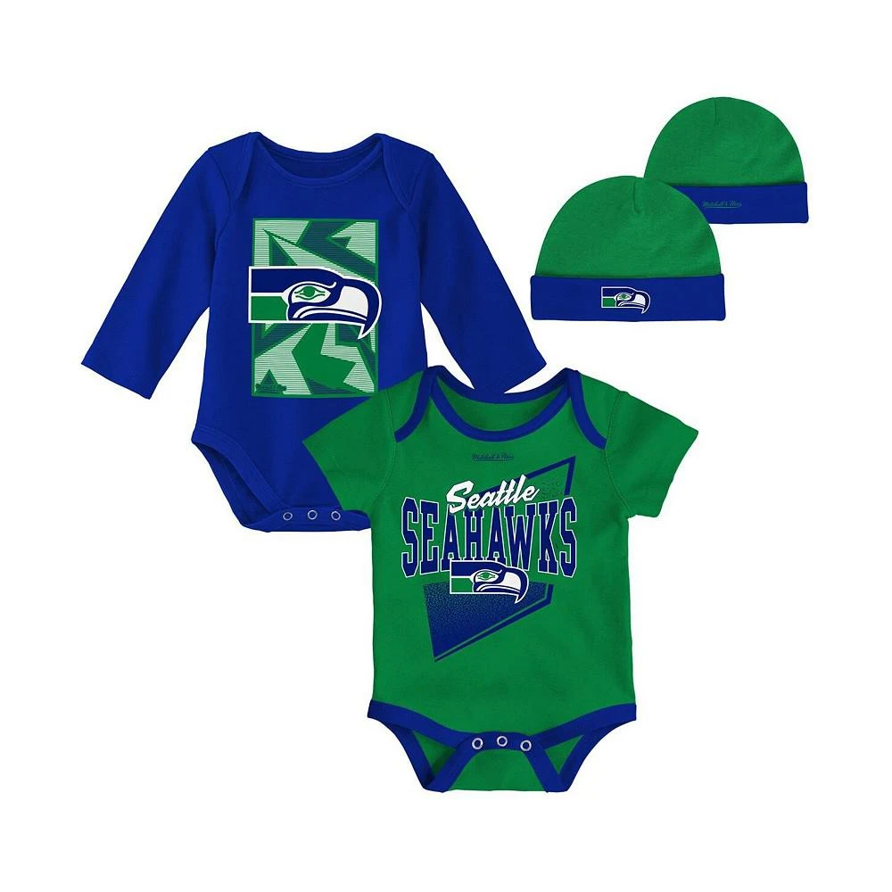 商品Mitchell & Ness|Newborn and Infant Boys and Girls Green, Royal Seattle Seahawks Victory Formation Throwback Three-Piece Bodysuit and Knit Hat Set,价格¥344,第1张图片