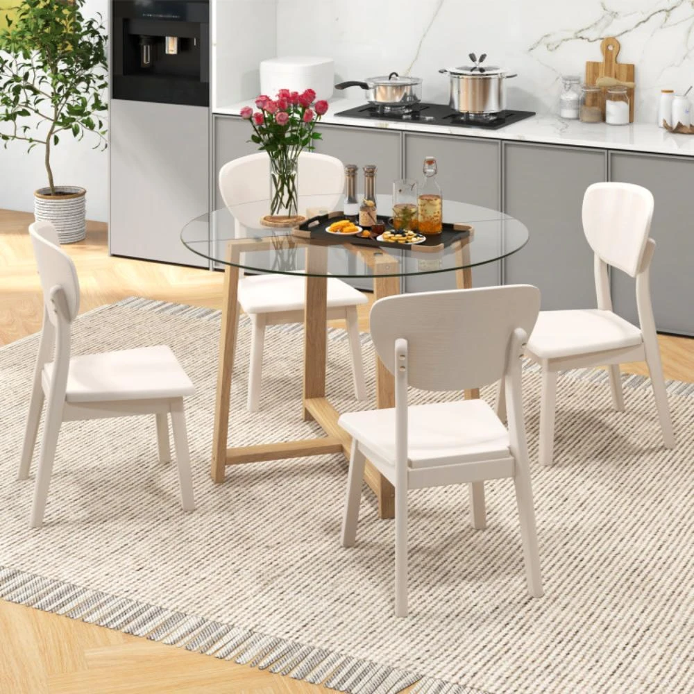 商品Hivvago|42 Inches Round Glass Dining Table with Tempered Glass Tabletop and Rubber Wood Legs-Natural,价格¥2088,第3张图片详细描述