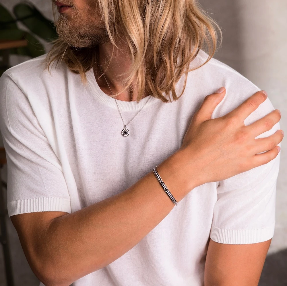 商品Zancan|Silver bracelet with curb chain and plate with a natural stone,价格¥2228,第2张图片详细描述