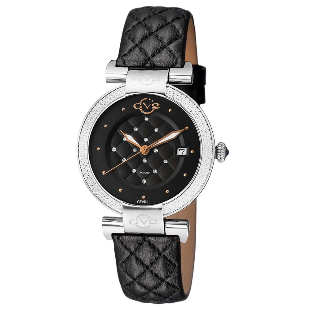 商品Gevril|Women's Berletta Swiss Quartz Diamond Accents Black Leather Strap Watch,价格¥4148,第1张图片