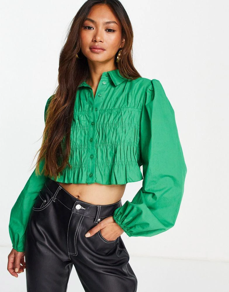 商品Topshop|Topshop 70s collar shirred poplin shirt in green ,价格¥210,第1张图片