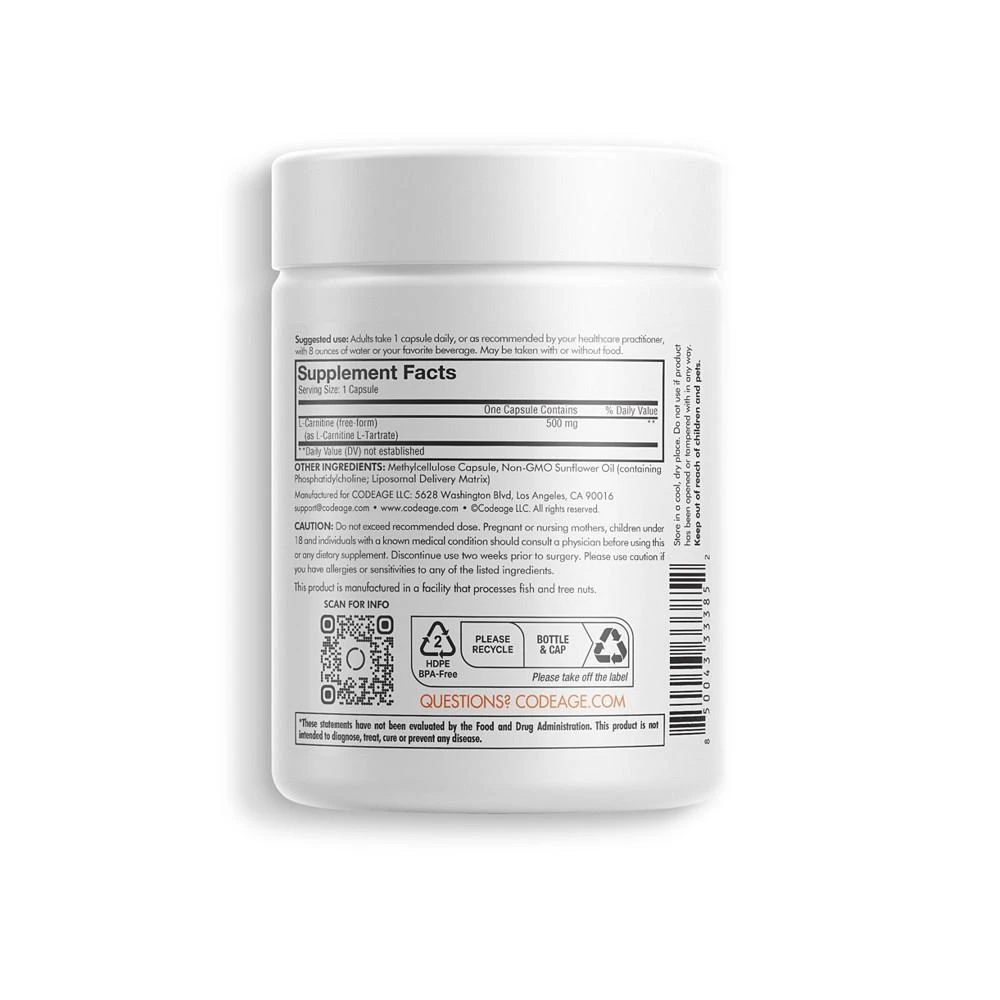 商品Codeage|Liposomal L-Carnitine 500mg Supplement, 3-Month Supply, Free Form Amino Acid, Non-GMO - 90 ct,价格¥261,第2张图片详细描述