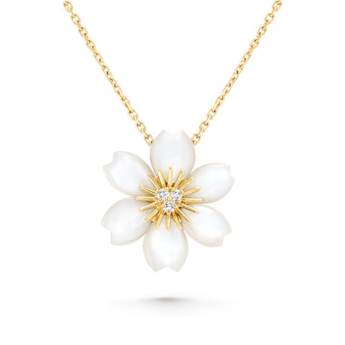 商品Van Cleef & Arpels| 预订款 Van Cleef & Arpels/梵克雅宝 Rose de Noël系列 18k金黄金饰有珍珠贝母镶嵌钻石迷你圣诞玫瑰吊坠项链  VCARP7T000,价格¥78346,第1张图片