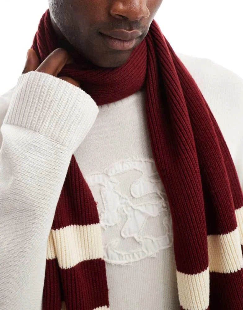 商品ASOS|ASOS DESIGN knitted scarf with varsity stripe in burgundy,价格¥139,第2张图片详细描述