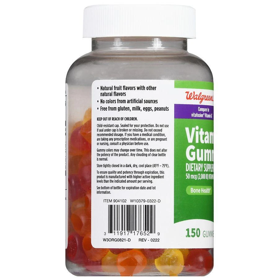 商品Walgreens|Vitamin D3 50 mcg (2000 IU) Gummies (150 days) Natural Strawberry, Lemon and Orange,价格¥98,第4张图片详细描述