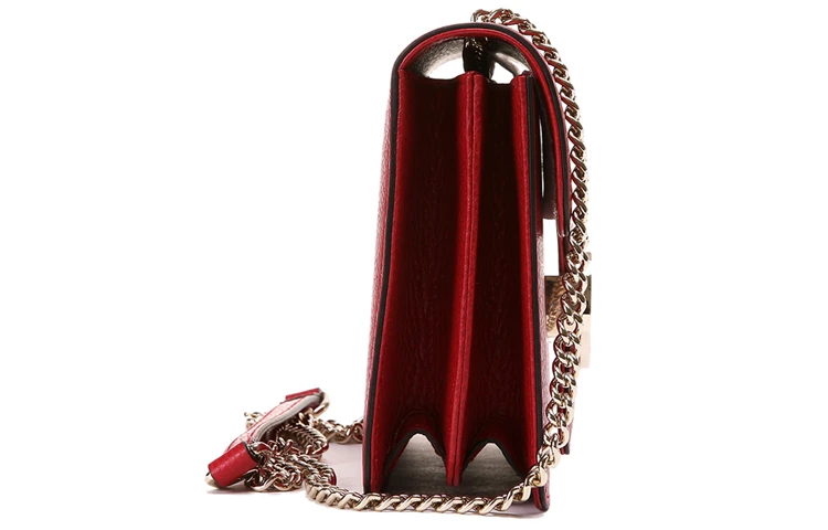 商品[国内直发] Gucci|古驰 金标双G链条肩带 荔枝纹牛皮 邮差包风琴包斜挎单肩包 小号 女款 红色,价格¥6705,第4张图片详细描述