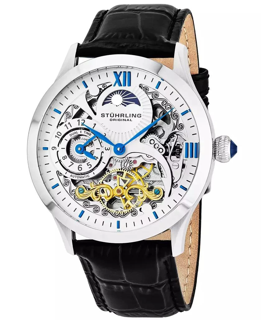 商品Stuhrling|Original Stainless Steel Case on Black Alligator Embossed Genuine Leather Strap, White Skeletonized Dial, With Blue, Gold Tone, and Black Accents,价格¥1872,第1张图片