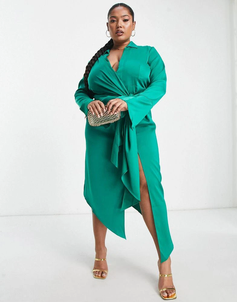 商品ASOS|ASOS DESIGN Curve drape shirt midi dress in satin,价格¥271,第4张图片详细描述