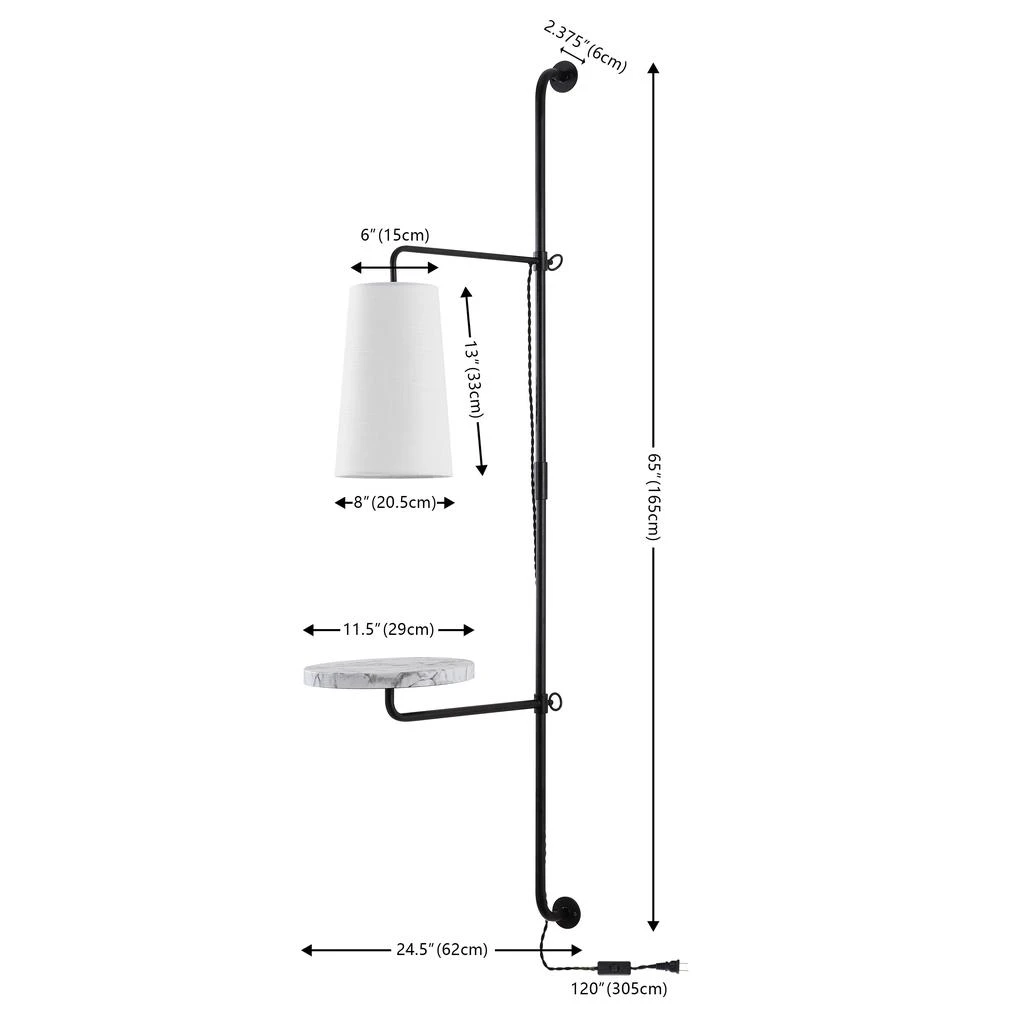商品JONATHAN Y|Andre 11.5" 1-Light Contemporary Industrial Iron Plug-In with Adjustable White Marble Table LED Sconce, Black/White,价格¥1264,第4张图片详细描述