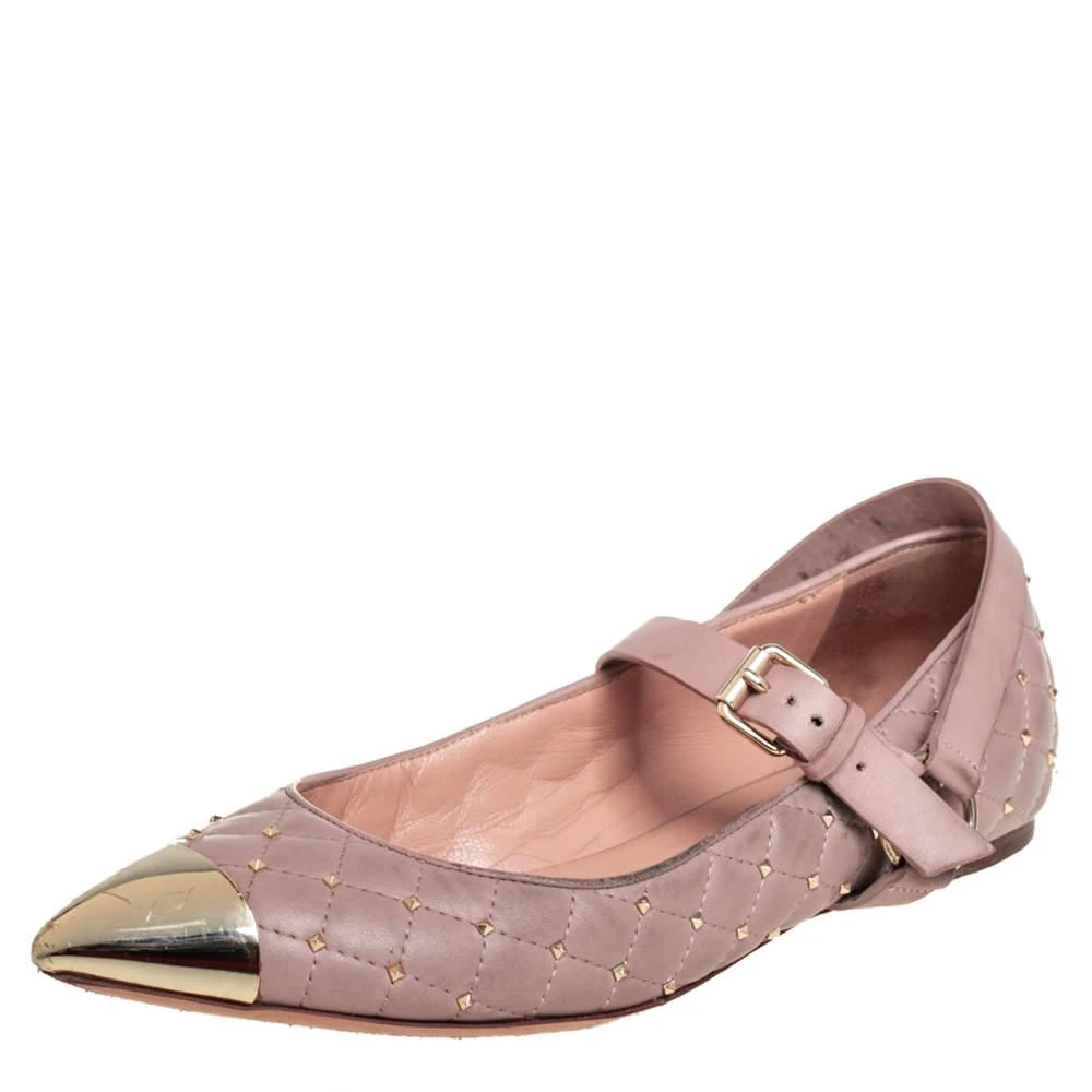 商品[二手商品] Valentino|Valentino Pink Quilted Leather Rockstud Metal Cap Toe Ballerina Flats Size 37.5,价格¥985,第1张图片