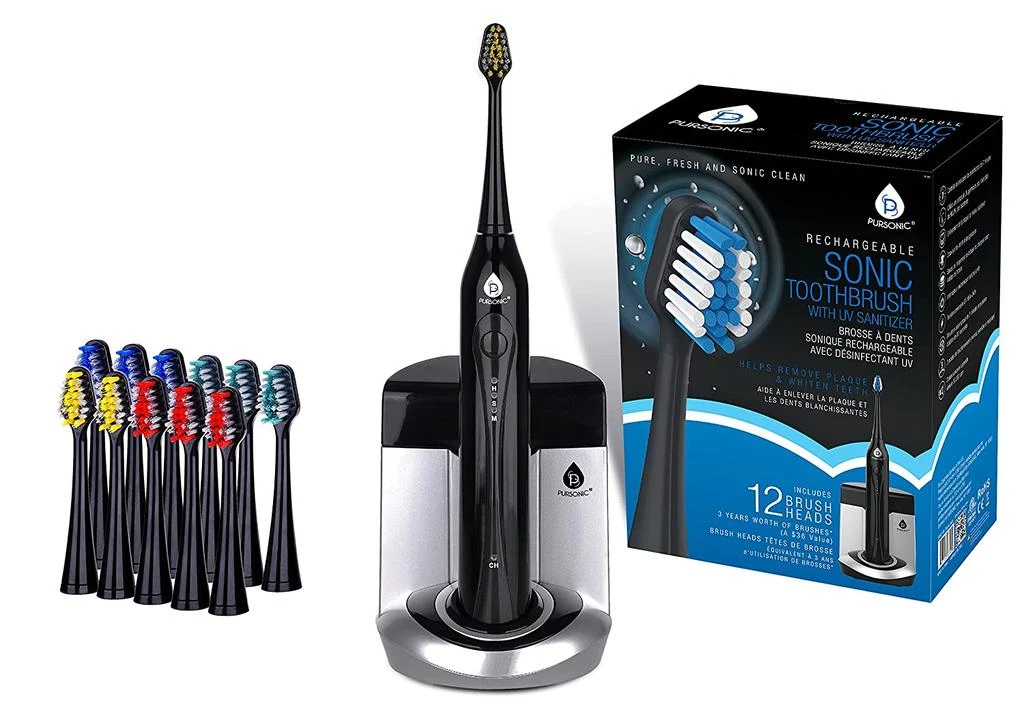 商品PURSONIC|Deluxe Plus Sonic Rechargeable Toothbrush with built in UV sanitizer and bonus 12 brush heads included, Black,价格¥316,第1张图片