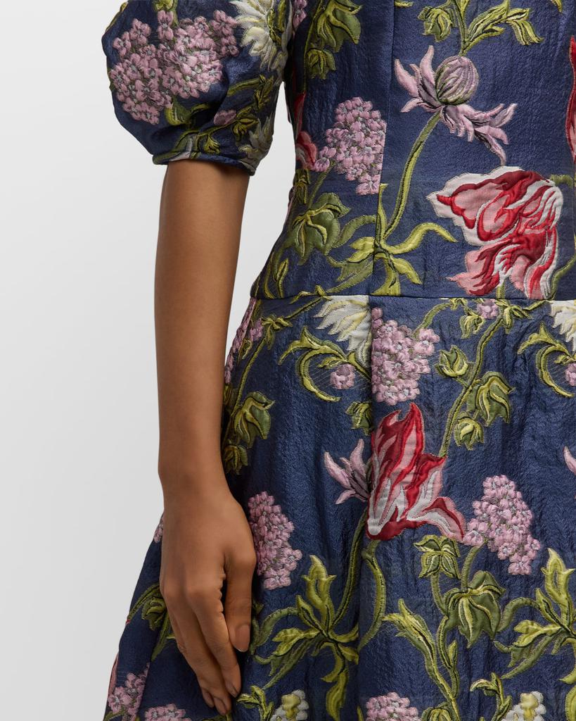 Shop Puff-Sleeve Floral Jacquard Midi Dress on Sale at