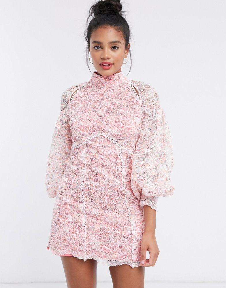 River Island lace volume sleeve mini dress in pink商品第4张图片规格展示