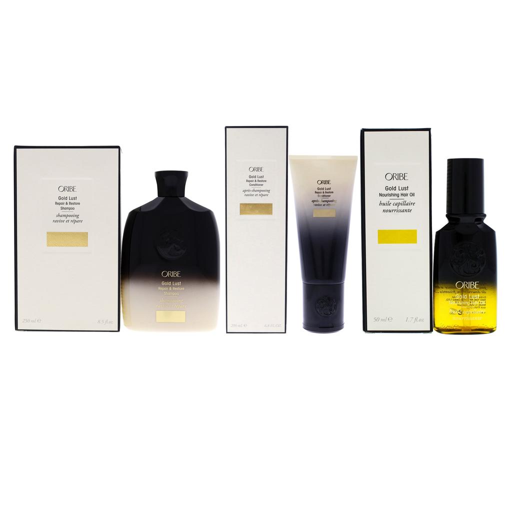 Gold Lust Kit by Oribe for Unisex - 3 Pc Kit 8.5oz Repair and Restore Shampoo, 6.8oz Repair and Restore Conditioner, 1.7oz Nourishing Hair Oil商品第1张图片规格展示