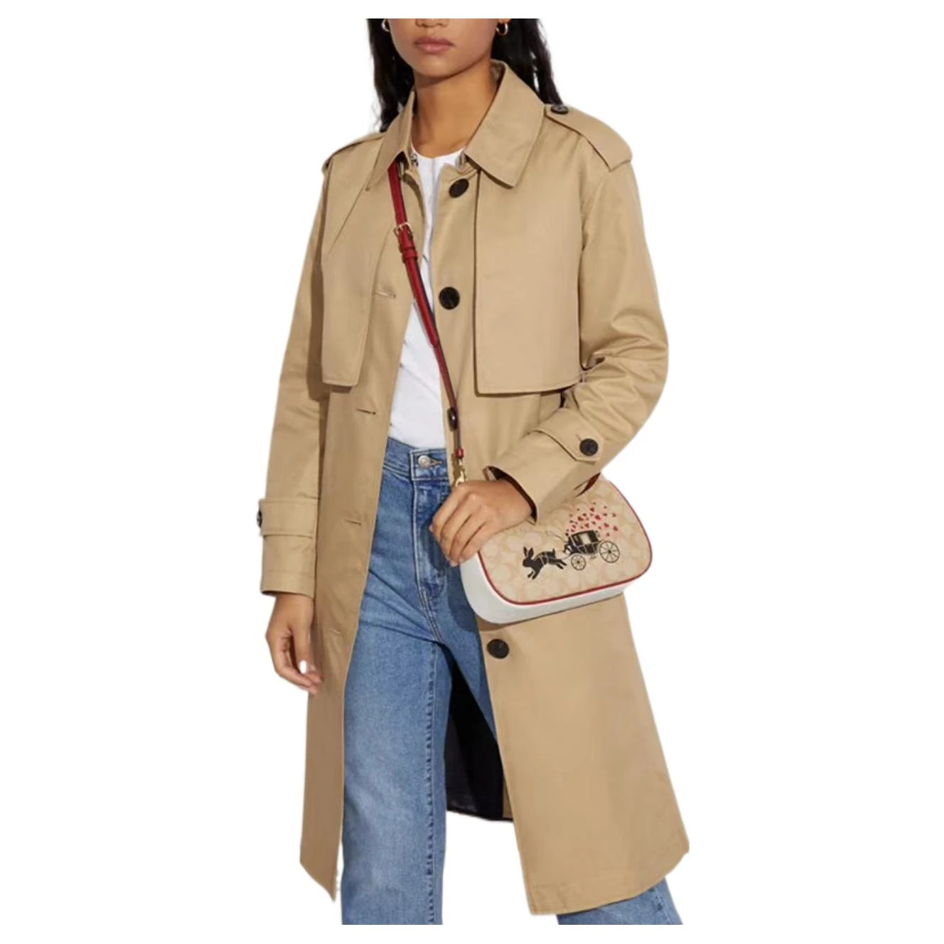 商品[国内直发] Coach|蔻驰 Teri 25 经典老花兔子马车印花拉链开合 牛皮革细节 手提单肩包 中号 女款 卡其色,价格¥1856,第9张图片详细描述