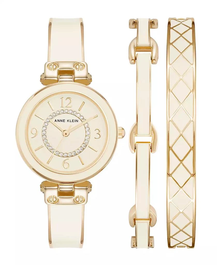 商品Anne Klein|Women's Gold-Tone Alloy Bangle with White Enamel and Crystal Accents Fashion Watch 33mm Set 3 Pieces,价格¥1136,第1张图片