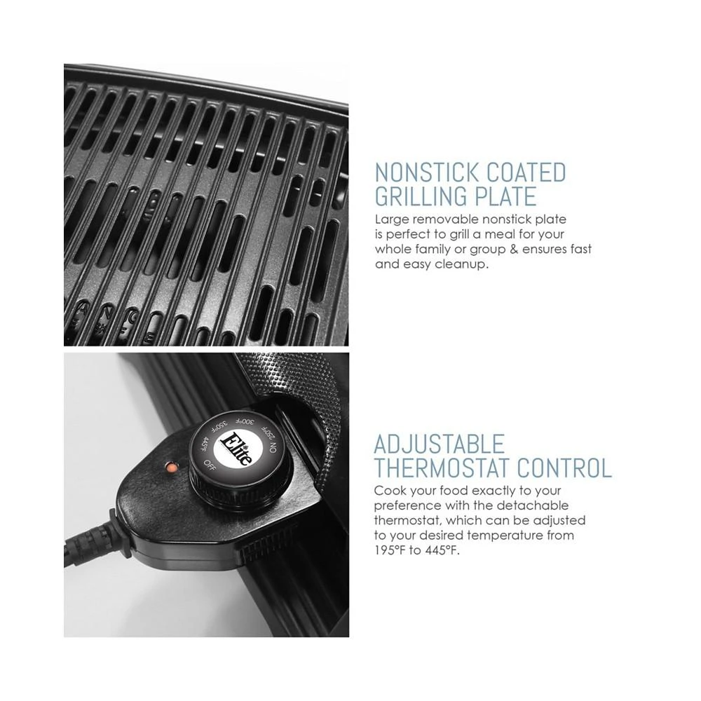 商品Elite Gourmet|Elite Cuisine 13 inch Smokeless Indoor Electric BBQ Nonstick Grill, Dishwasher Safe,价格¥307,第2张图片详细描述
