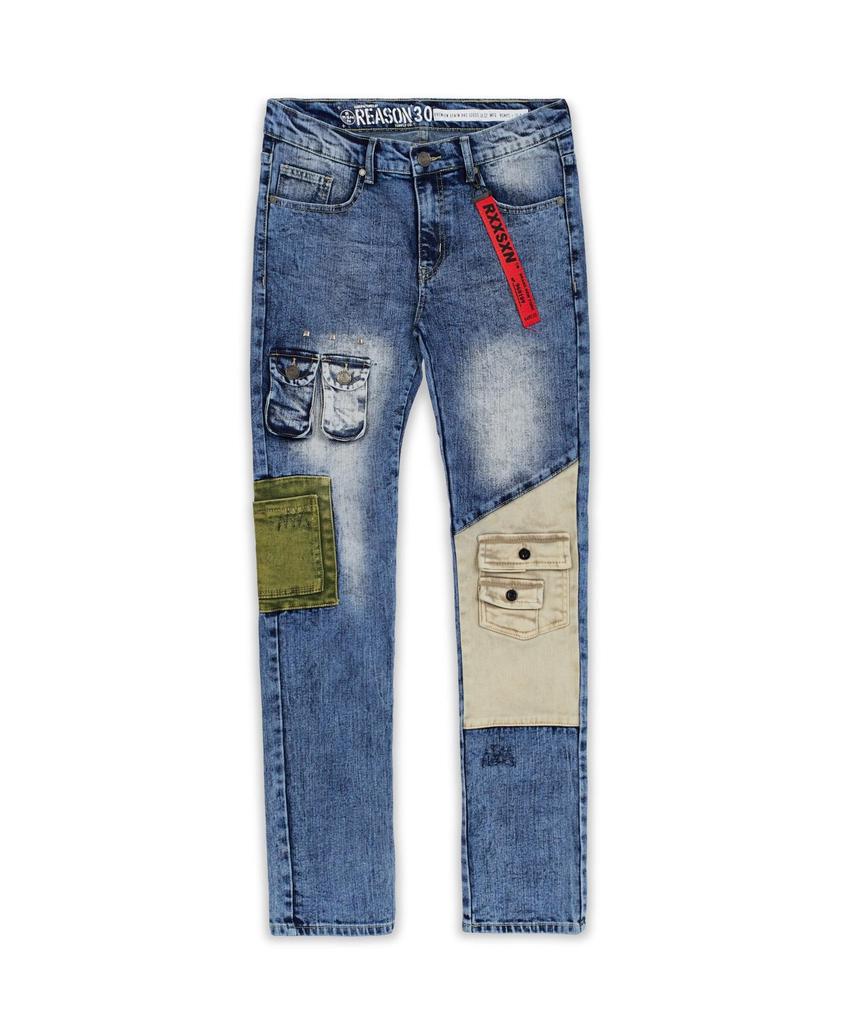 Punk Medium Washed Patched Denim Cargo Jeans商品第2张图片规格展示