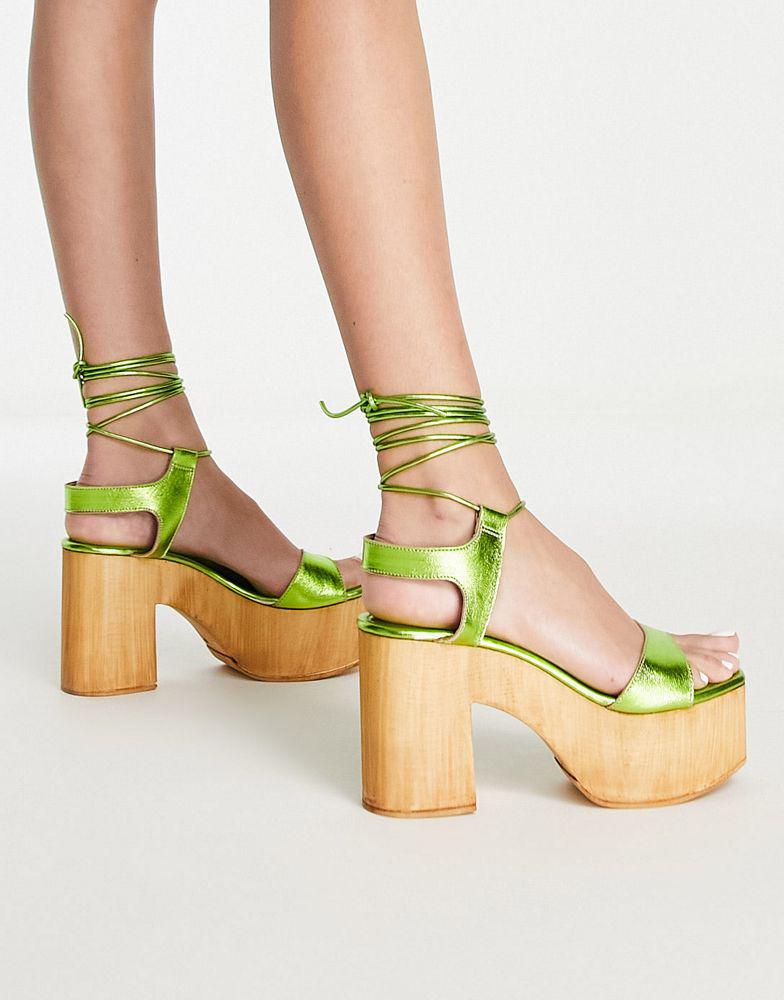 Topshop Wiley ghillie tie heeled clog in green商品第2张图片规格展示