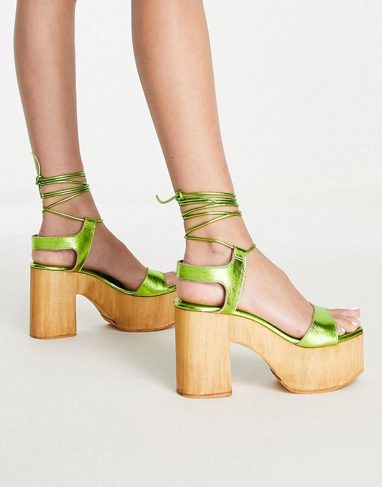 商品Topshop|Topshop Wiley ghillie tie heeled clog in green,价格¥147,第2张图片详细描述