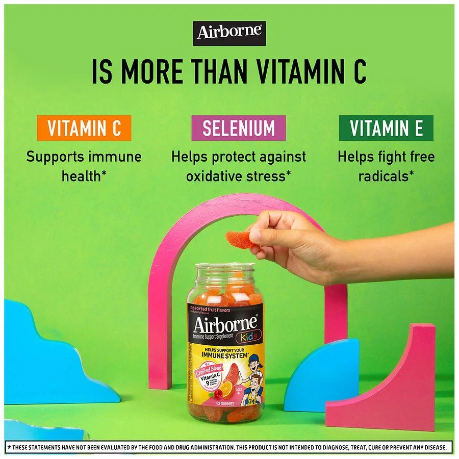 商品Airborne|Vitamin C, E, Zinc, Minerals & Herbs Kids Immune Support Supplement Gummies Assorted Fruit,价格¥228,第3张图片详细描述