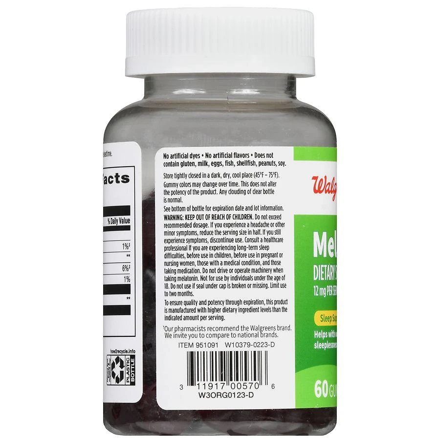 商品Walgreens|Melatonin 12 mg Gummies (30 days) Natural Strawberry,价格¥112,第4张图片详细描述