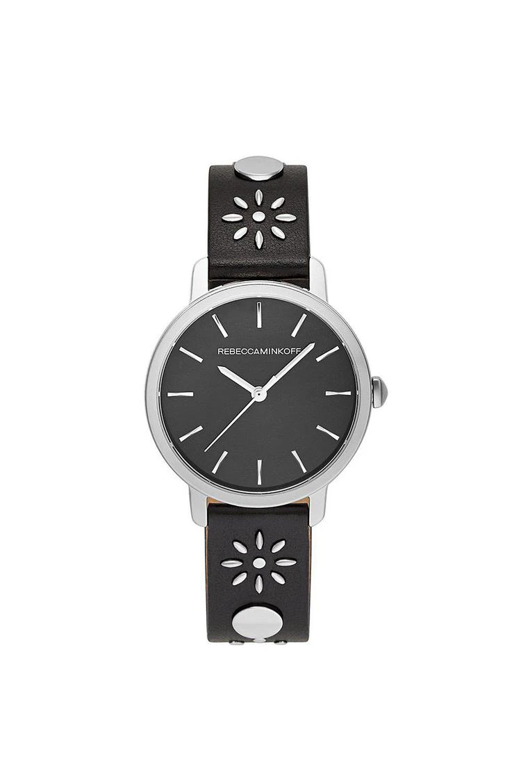 商品Rebecca Minkoff|BFFL银色配铆钉装饰黑色表带腕表，36MM,价格¥555,第1张图片