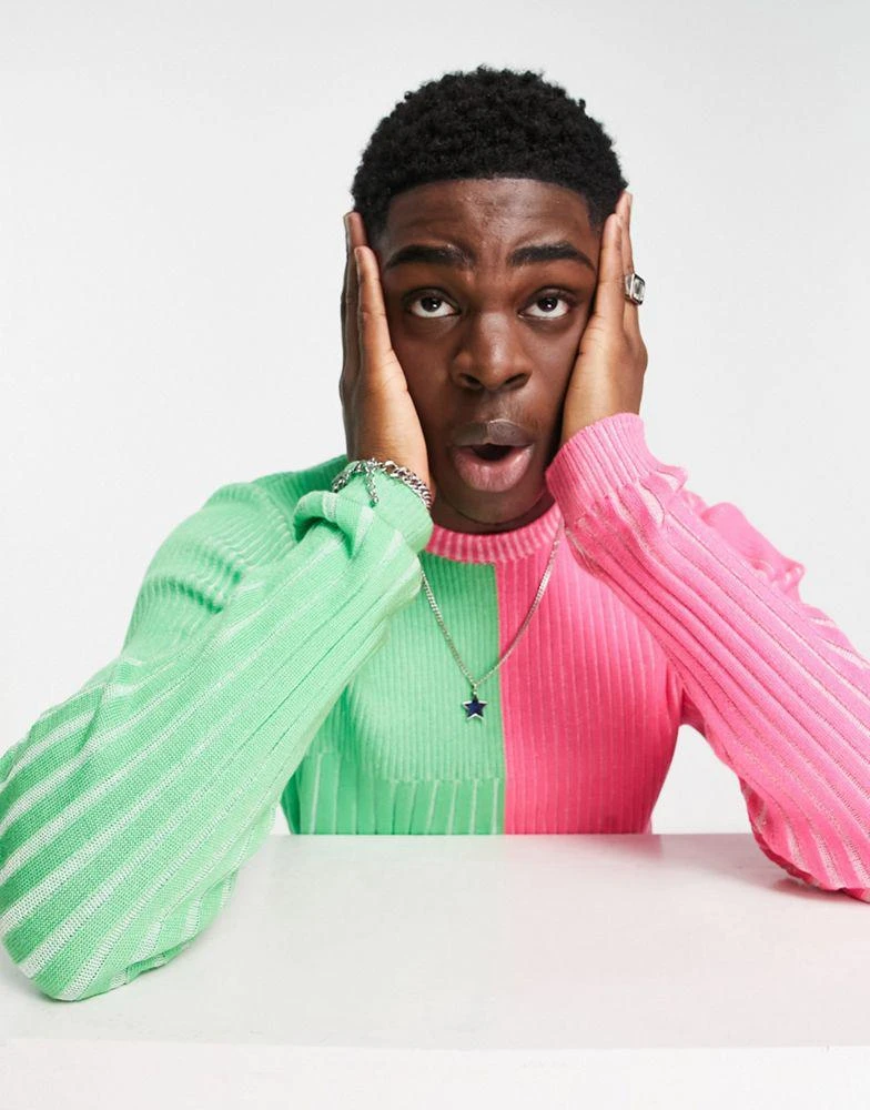 商品ASOS|ASOS DESIGN knitted muscle fit rib jumper in neon pink & green,价格¥144,第3张图片详细描述