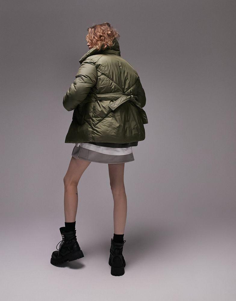 Topshop mid length tie belted puffer jacket in green商品第2张图片规格展示