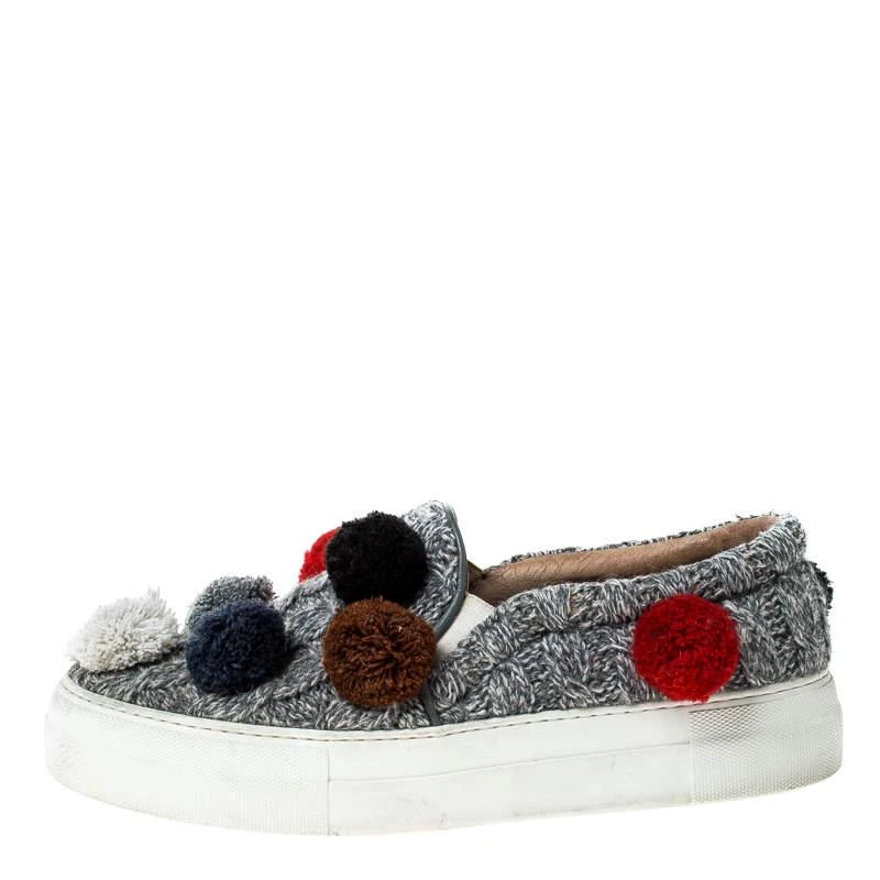 商品[二手商品] Joshua Sanders|Joshua Sanders Grey Wool Blend Pom Pom Slip On Sneakers Size 39,价格¥878,第2张图片详细描述