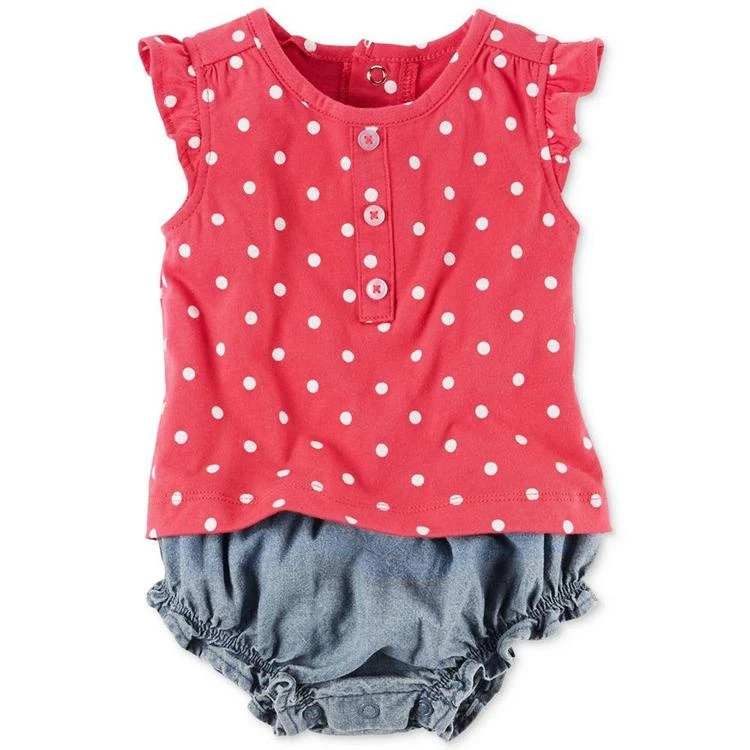 商品Carter's|Layered-Look Dots & Chambray Romper, Baby Girls (0-24 months),价格¥68,第1张图片