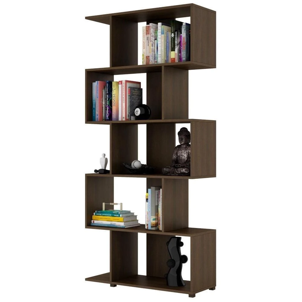 商品QuikFurn|Modern Zig-Zag Bookcase with 5-Shelves in Dark Brown Finish,价格¥2443,第1张图片