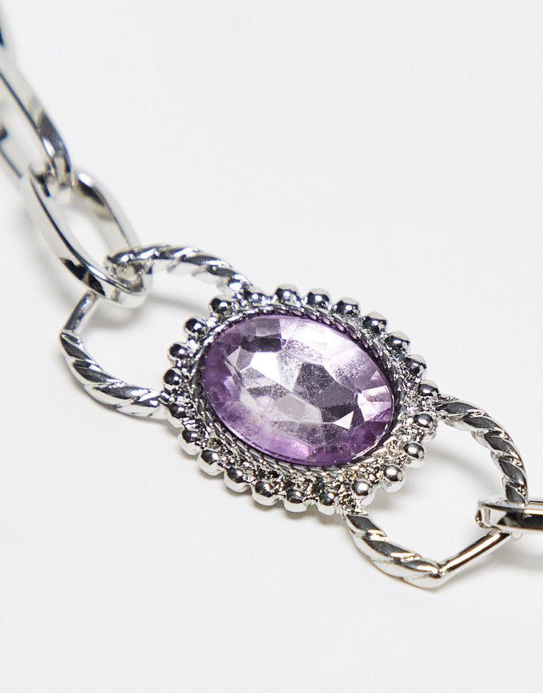 商品Reclaimed Vintage|Reclaimed Vintage unisex chunky chain necklace with lilac stones in silver,价格¥98,第4张图片详细描述