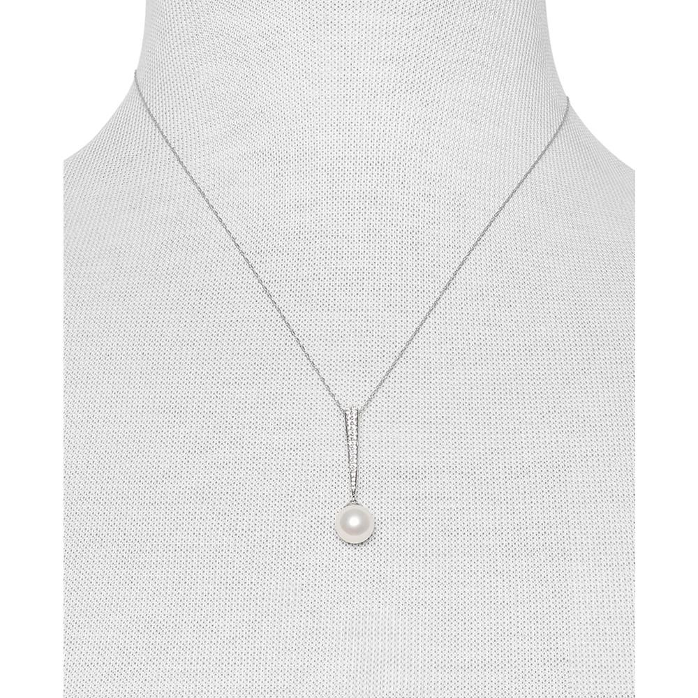 Cultured Freshwater Pearl (9mm) & Diamond (1/5 ct. t.w.) Pavé Elongated 18" Pendant Necklace in 14k White Gold, Created for Macy's商品第2张图片规格展示