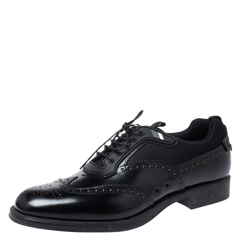 Prada Black Brogue Leather and Mesh Lace Up Derby Sneakers Size 44商品第1张图片规格展示