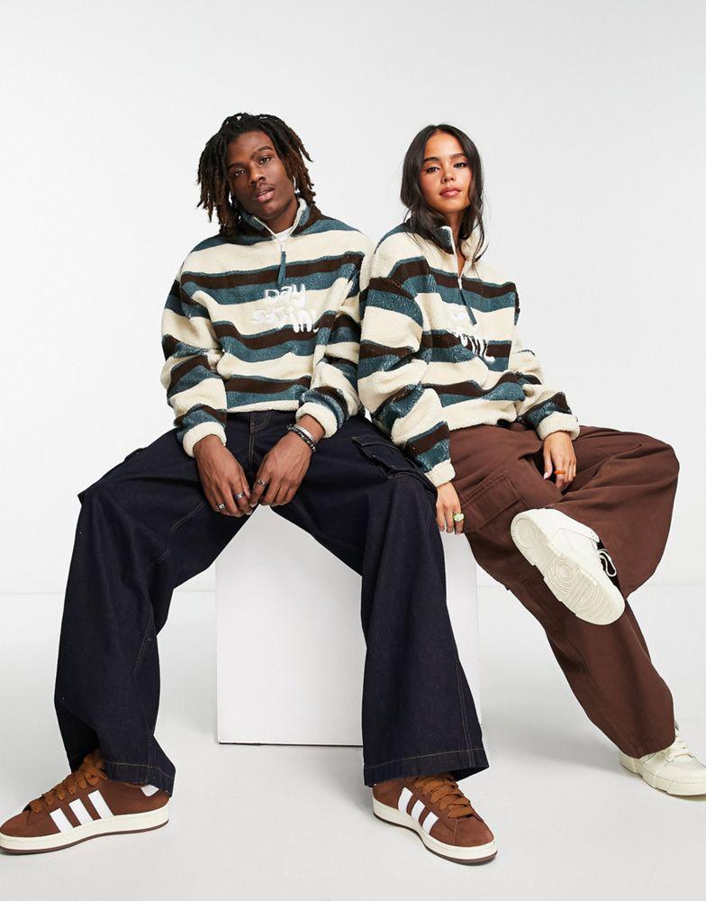 商品ASOS|ASOS Daysocial unisex quarter zip sweatshirt in teddy borg with all over stripe print in ecru,价格¥359,第1张图片