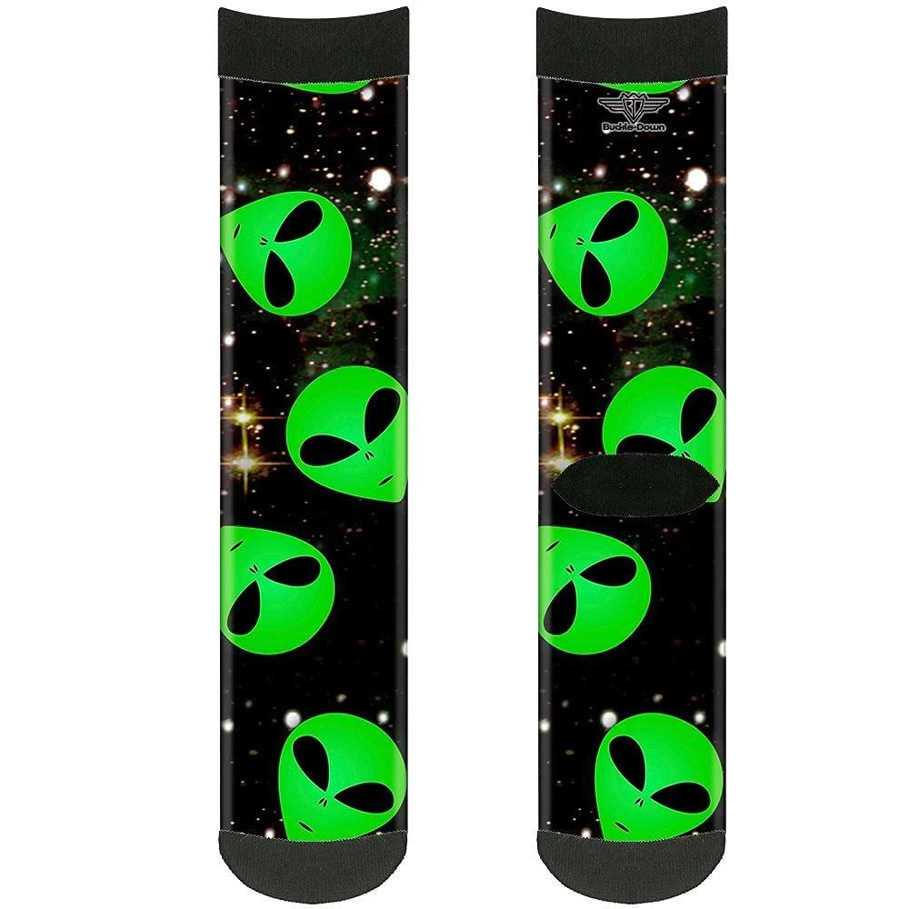 商品Buckle-Down|Unisex-Adult's Socks Aliens Head Scatt Galaxy/Green/Black Crew, Multicolor,价格¥90,第1张图片