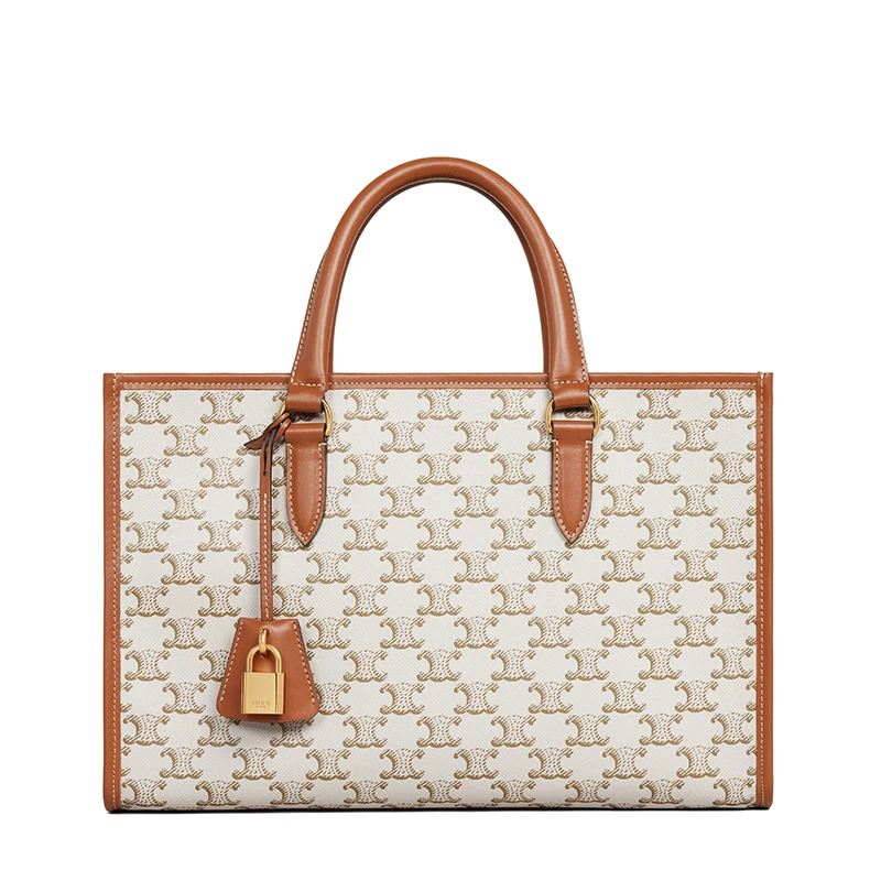 商品Celine|【包税】CELINE/赛琳 22新款 女士迷你款白色老花帆布棕褐色皮革饰边横款单肩手提托特包199742BZJ.01BC,价格¥12859,第1张图片