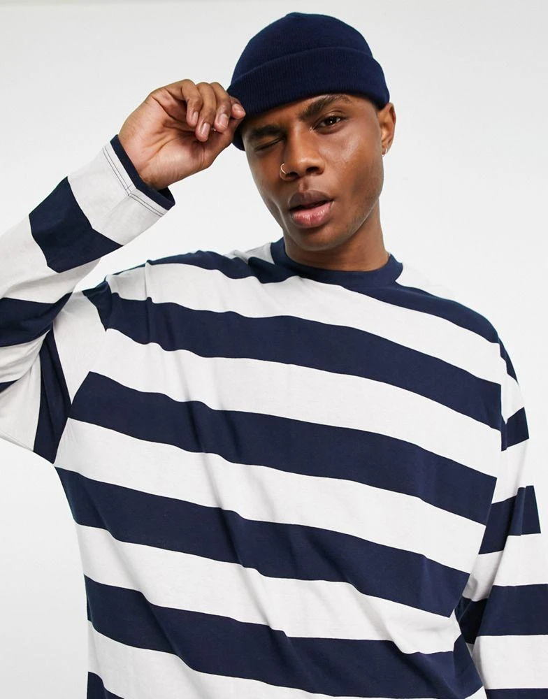 商品ASOS|ASOS DESIGN oversized long sleeve stripe t-shirt in navy and white,价格¥81,第2张图片详细描述