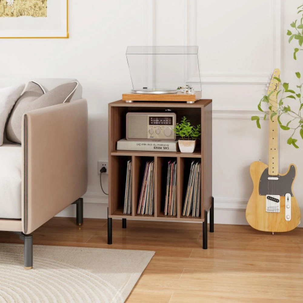 商品Hivvago|Record Player Stand with Record Storage Shelf and Charging Station-Walnut,价格¥812,第1张图片