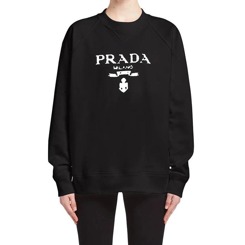 商品Prada|【预售3-7天】普拉达 女士经典黑色PRADA徽标印花平纹针织圆领运动衫134631_1ZT7_F0967_S_202,价格¥9182,第4张图片详细描述
